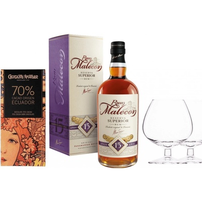 Malecon 15y + Chocolate Amatller 70% 70g + 40% 0,7 l (dárčekové balenie 2 poháre)