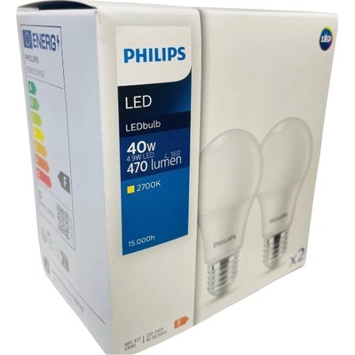 Philips LED žiarovka CorePro E27 4,9W/40W 470lm 2700K A60 biela 2-set