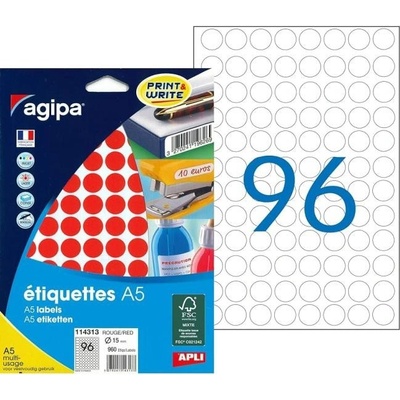 Etikety kruhové 15mm Agipa A5 červené 114313