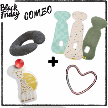 BF Combo: Dooky Original: 2 в 1 Възглавница за път + Софи жирафчето светещ знак "Baby on Board" + Dooky Original: Кукa за количка в цвят по избор + Air Layer Подложка против изпотяване по избор (DK-128100+DK-126971+S470213)