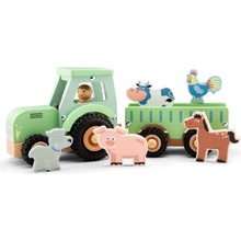 New Classic Toys Dřevěný traktor s přívěsem a 5 zvířátky 11936