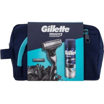 Gillette Mach3 Charcoal подаръчен комплект: самобръсначка 1 бр + гел за бръснене Series Cleansing 200 ml + резервни ножчета 1 бр + козметична чанта за мъже