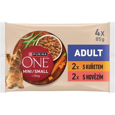 Purina ONE Mini Dog Adult kapsičky pro psy kuře hovězí ve šťávě 4 x 85 g