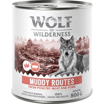 Wolf of Wilderness 6x800г Muddy Routes Senior Wolf of Wilderness, консервирана храна за кучета - птиче месо със свинско, без зърно
