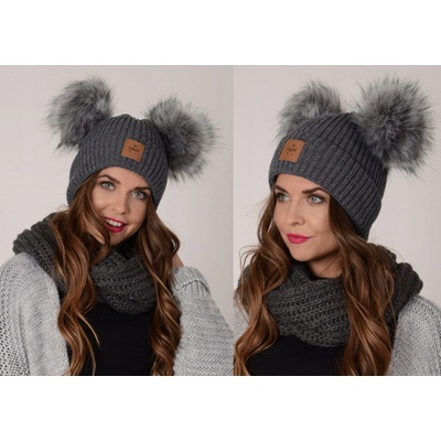 Fashionweek dámská zimní čepice se dvěma bambulkami ZIZI-J1 grafitová