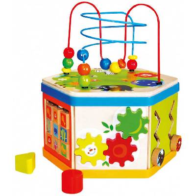 BINO DŘEVO Baby kostka motorická provlékačka s aktivitami 7v1 ol84186