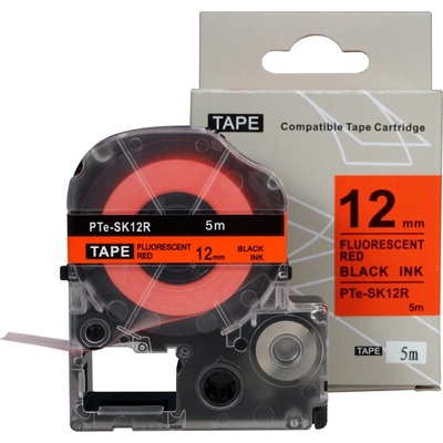 Compatible Epson SK12R, 12mm x 5m, черен печат / флуоресцентни червен фон, съвместима лента (PTe-SK12R)