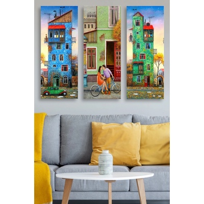 ASIR Obraz na MDF 3ks ROMANTICKÉ BAREVNÉ DOMY 20 x 50 cm