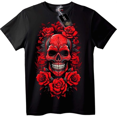 NOONEBRAND Тениска Червен Череп и Рози - 2XL, Black