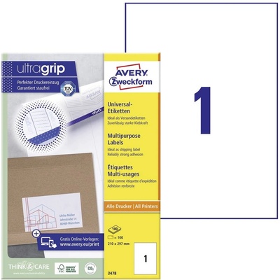 Avery-Zweckform 3478 210 x 297 mm papier biela 100 ks trvalé univerzálne etikety atrament, laser, kópie; 3478