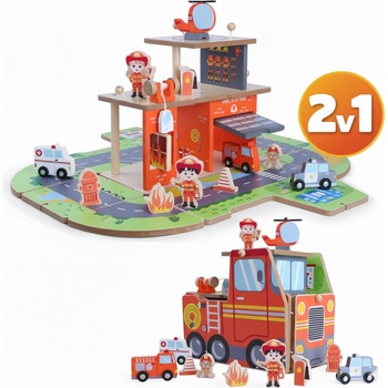 Derrson dřevěný set hasičská stanice a hasičské auto 2v1