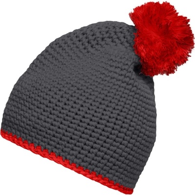 Myrtle Beach MB7964 pletená čepice s kontrastním pruhem a bambulí Tmavě šedá červená