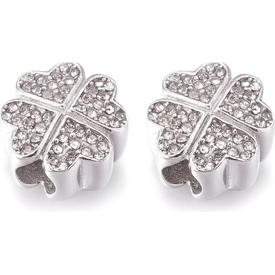 Korálek z nerezové oceli s širokým průvlekem - platinový - čtyřlístek - 12,5 x 13 x 7 mm - 1 ks