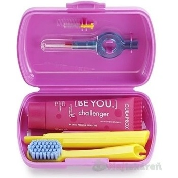 Curaprox Travel Set zubná kefka + CPS medzizubné kefky 2 ks + zubná pasta 10 ml darčeková sada, ružový