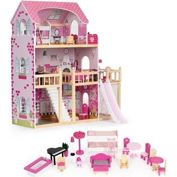 Eco Toys Drevený domček pre bábiky s terasou a šmýkačkou