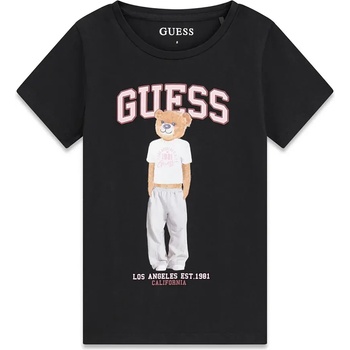 GUESS Черна тениска за момиче с цветно мече и розов надпис Guess