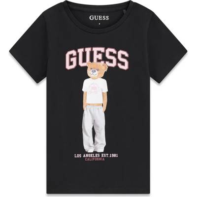 GUESS Черна тениска за момиче с цветно мече и розов надпис Guess