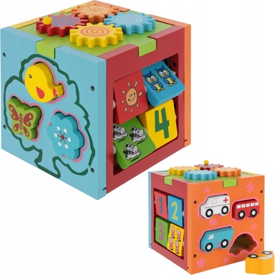 LandToys Dřevěná senzorická kostka - třídič tvarů s posuvníky