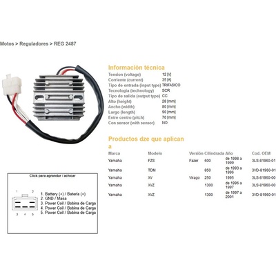 DZE regulátor napětí YAMAHA FZS 600 FAZER 98-99; TDM 850 93-96; XVZ 1300 96-01 (35A) (ESR360)