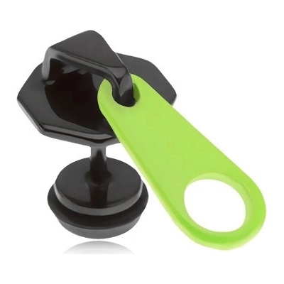 Šperky eshop černý fake plug do ucha z oceli zip neonově žlutý jazýček PVD S58.28