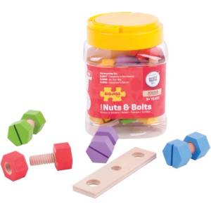 Bigjigs Toys - Дървен комплект за деца в буркан с гайки и болтове