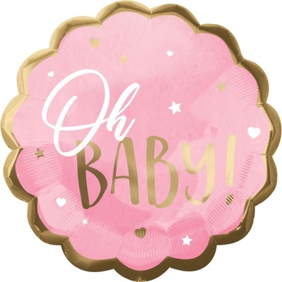 Amscan Balonek fóliový Oh Baby růžový se zlatým okrajem 55 cm