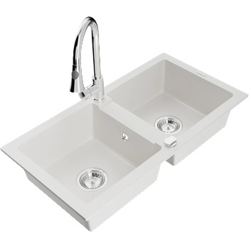 Mexen Mario двукоморна гранитна мивка с кухненски смесител Elia, бяла - 6504-20-670101-00 (6504-20-670101-00)