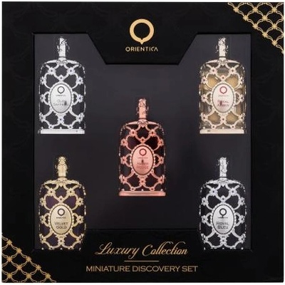 Orientica Luxury Collection подаръчен комплект: EDP Royal Amber 7, 5 ml + EDP Royal Bleu 7, 5 ml + EDP Velvet Gold 7, 5 ml + EDP Oud Safron 7, 5 ml + EDP Amber Rouge 7, 5 ml унисекс