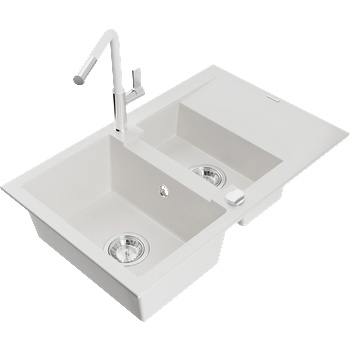 Mexen Gaspar гранитна мивка с 1, 5 отделения с дренаж и кухненски смесител Flora, бял - 6507-20-670401-02 (6507-20-670401-02)