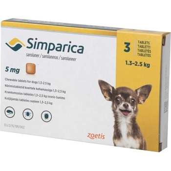 Zoetis Simparica 5 mg Симпарика дъвчащи таблетки за кучета от 1.3 до 2.5 kg, 3 бр