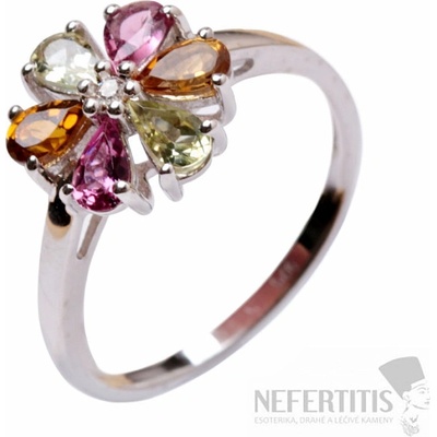 Nefertitis Prsten stříbrný Kytička s broušenými vícebarevnými turmalíny a zirkonem 015216 MT