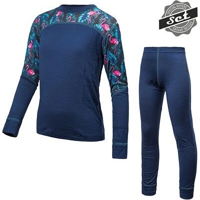 Sensor Merino Impress Set dětský triko dl.rukáv + spodky deep blue/floral modrá