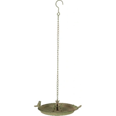 Esschert Design Závěsné pítko Aged Metal se dvěma ptáčky 24 x 24 x 8 cm kov zelená patina