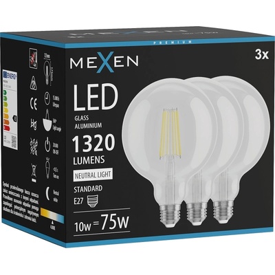 Mexen Vintis 3x LED филаментна крушка E27, G125, 10W, Неутрална - 4000K, 1320 lm, clear (L158-E27-1040-00x03)