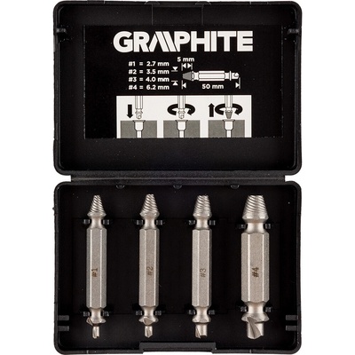 Graphite Obojstranné vyťahovače skrutiek na zlomené skrutky alebo poškodené zásuvky, sada 4 ks. 54T429
