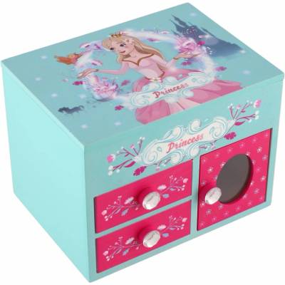 Teddies Skříňka šperkovnice Princess 3 zásuvky odklápěcí vrch se zrcátkem dřevo 16x12,5x12cm v krabici