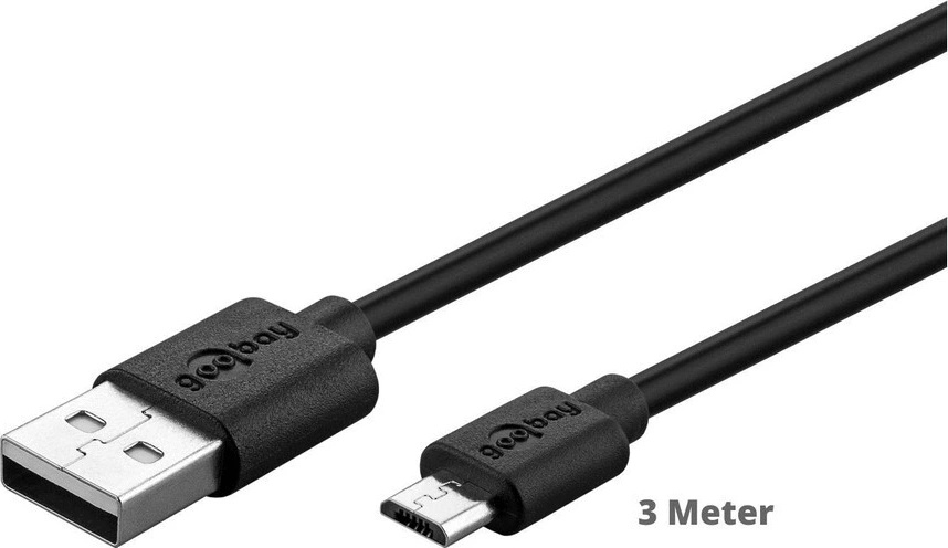Goobay Cavo USB 2.0 3 Metri Nero | Ad Alta Velocità 480 Mbit/s | Spina Tipo A A Micro-B | Per Smartphone, Fotocamere