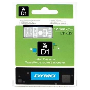 DYMO D1 45020, S0720600, 12mm x 7m бял печат / прозрачен фон, оригинална лента (45020)