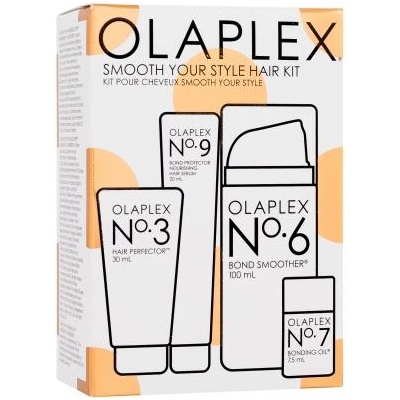 OLAPLEX Smooth Your Style Hair Kit подаръчен комплект: грижа за косата Hair Perfector No. 3 30 ml + серум за коса No. 9 Bond Protector Nourishing Hair Serum 20 ml + крем против накъдряне No. 6 Bond Smoother 100 ml + регенериращо масло за коса No. 7 Bondin