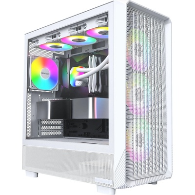 Кутия Montech X5, E-ATX/ATX/microATX/Mini-ITX, 1x USB 3.0, 3x 140mm вентилатора, 1x 120mm вентилатор, с прозорец, бяла, без захранване (MONTECH-X5-W)