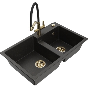 Mexen Tomas двукоморна гранитна мивка с кухненски смесител Duo, черен/златист металик - 6516-75-671701-57-G (6516-75-671701-57-G)