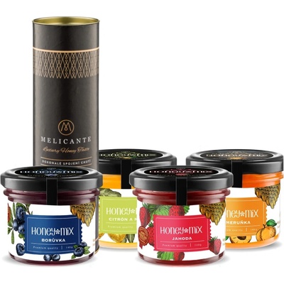 HoneyMix Dárková sada medů Borůvka, meruňka, jahoda a citrón-máta 4x140 g