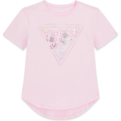 GUESS Бледо розова асиметрична свободна тениска за момиче с цветно лого Guess