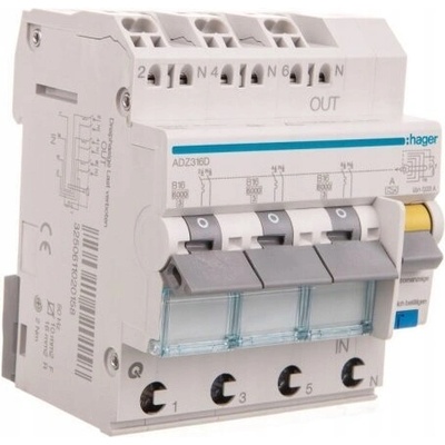Hager Proudový chránič s jističem RCBO 3x1P+N B16A 0,03A Typ A 6kA RCBO
