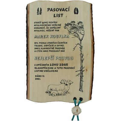 Dřevo Novák Pasovací list psovod č.736 na desce s kůrou 3D