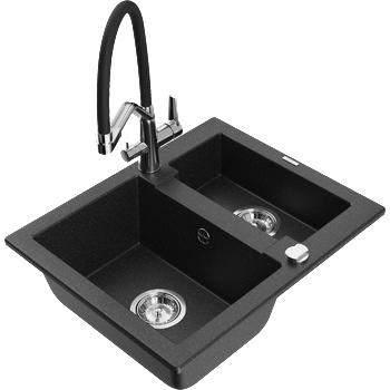 Mexen Carlos гранитна мивка 1, 5-камерна с кухненски смесител Duo, черно/сребърен металик - 6518-73-671701-07 (6518-73-671701-07)