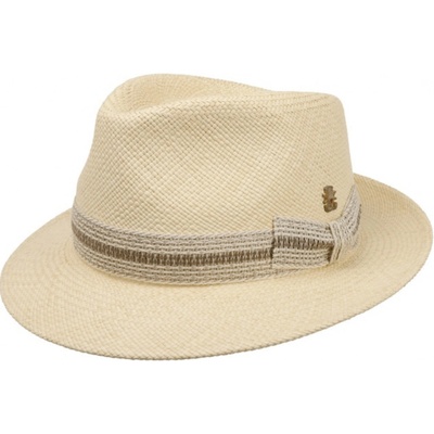 Mayser Luxusní panamský klobouk Fedora Bogart s béžovou stuhou ručně pletený UV faktor 80 Pablito