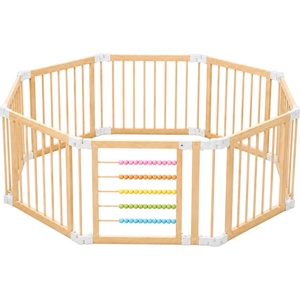Ginger Home Детска Дървена Кошара за Игра GINGER HOME, 8 Панела, с Вратичка, Бизи Борд и Защитно Заключване, Масивен Новозеландски Бор, 140x140x61 см