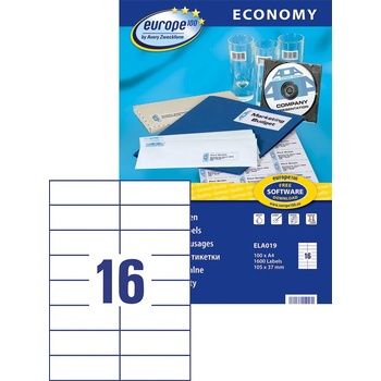 Avery Zweckform Етикети Avery Zweckform, ELA019, 105 x 37, 1 mm, 16 етикета/лист, 100 листа/кутия, 1600 етикета/кутия, Лазерно копиране Inkjet (ELA019) (ELA019)