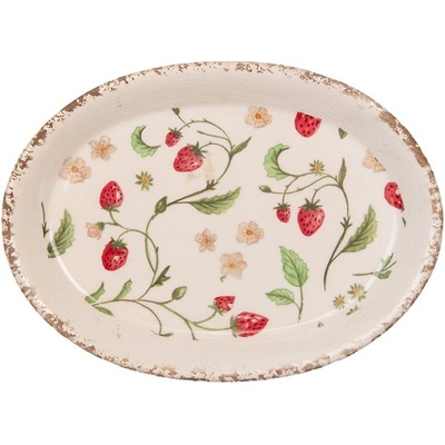 Clayre & Eef Keramický oválný podnos s jahůdkami Wild Strawberries 25x18xcm